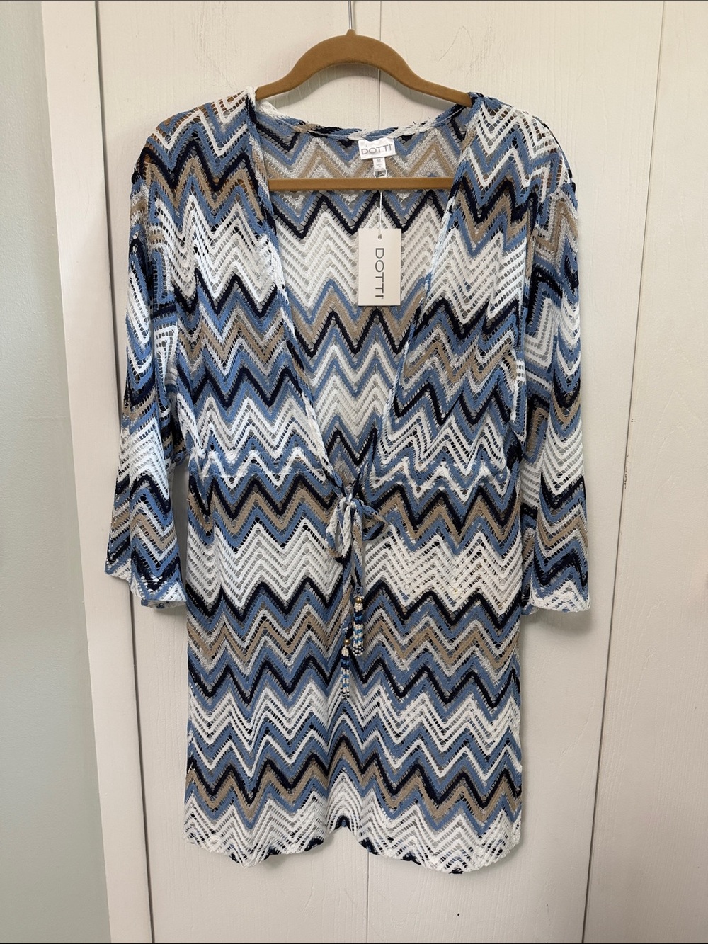 Dotti Blue White Tan Chevron Lace Cardigan